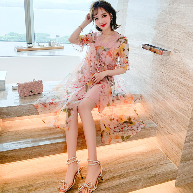 キャミワンピース×レースドッキング花柄シアーフレアワンピース