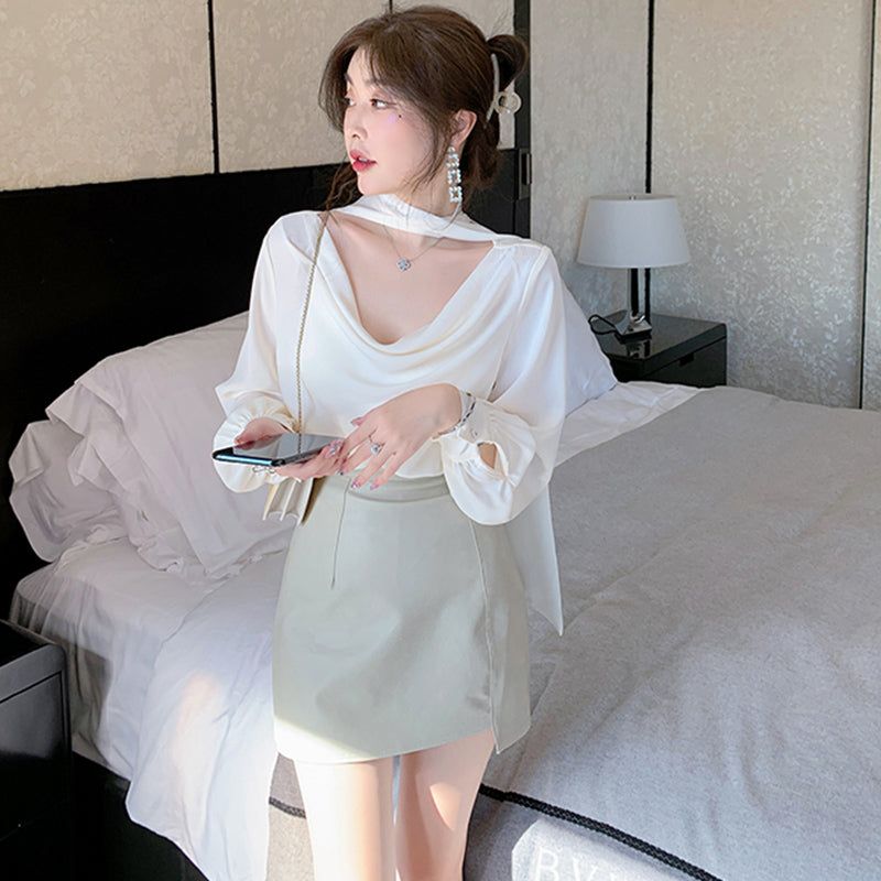 ボウタイフロントオープンブラウス