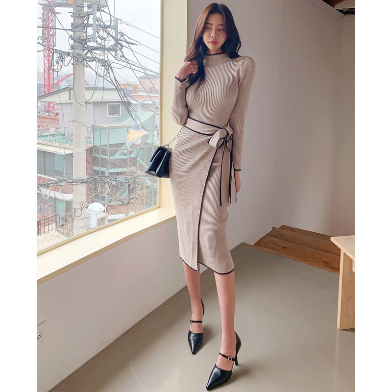 ウエストリボンハーフネックリブニットワンピース(2colors)