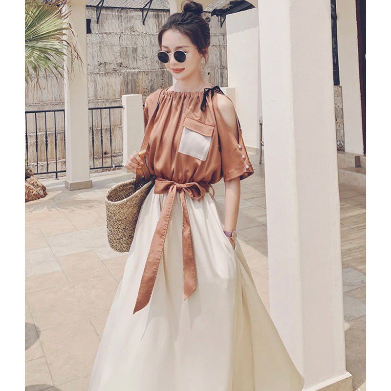 バイカラーウエストリボンギャザーロングワンピース(2colors)