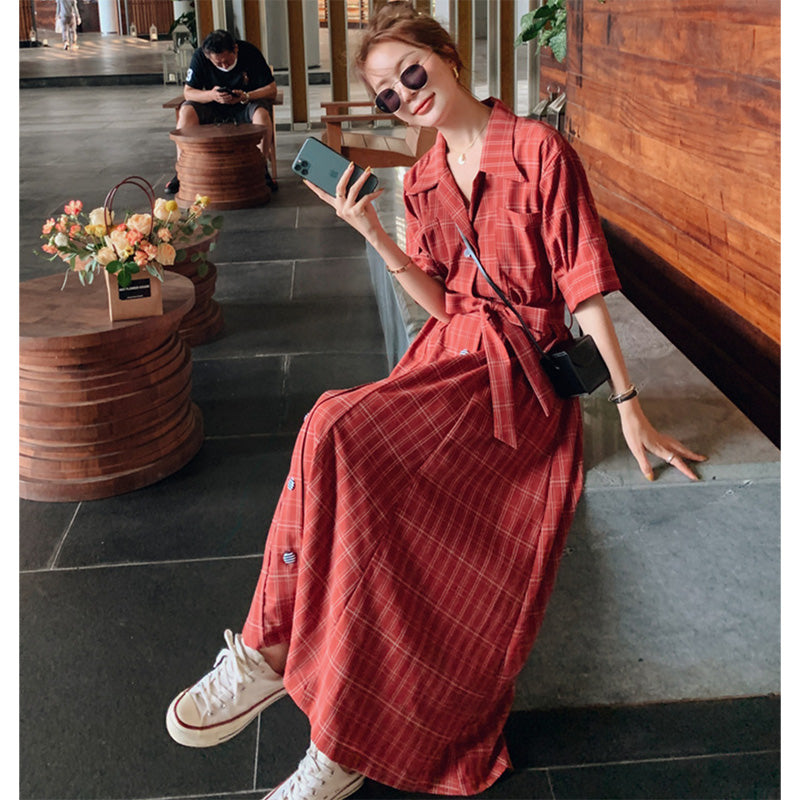 ウエストリボンチェックシャツワンピース(2colors)