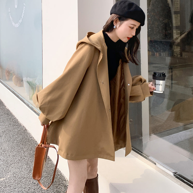 ウエストベルト付きビッグフードフレアミディコート