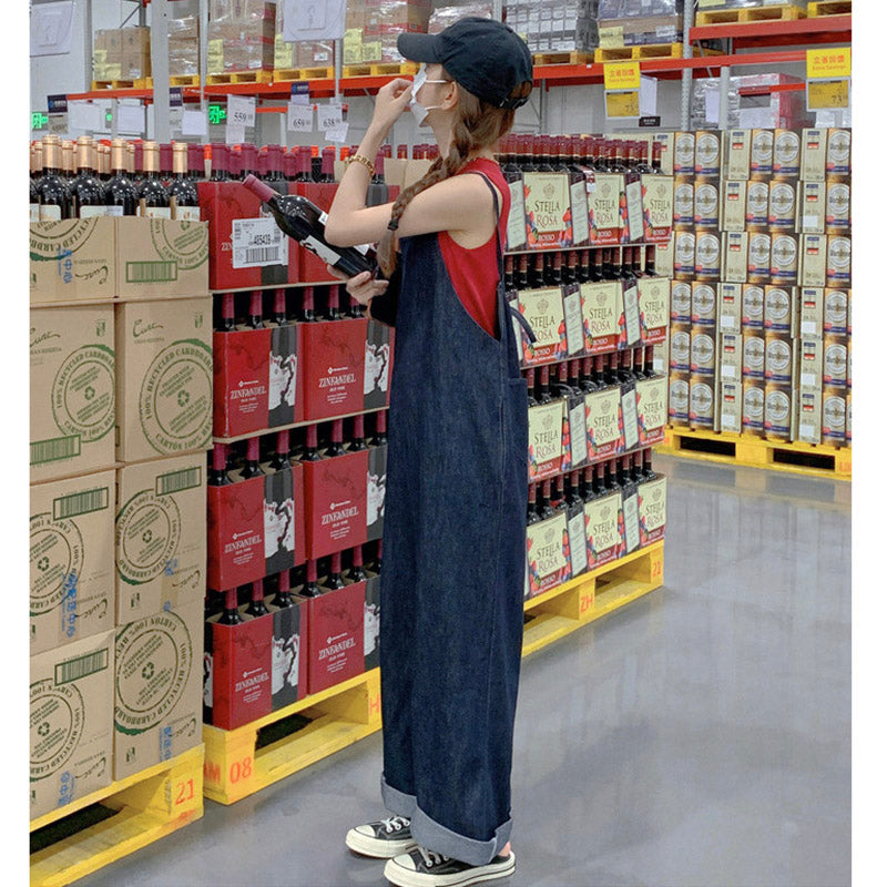 【即納】バックリボンデニムワイドサロペットパンツ