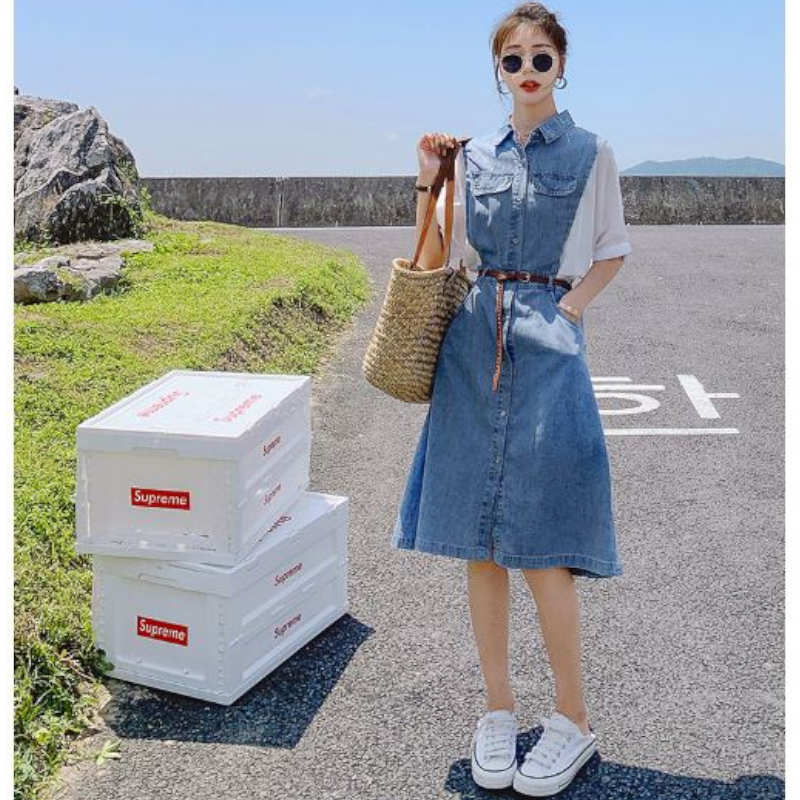 異素材スリーブフロントボタンデニムワンピース
