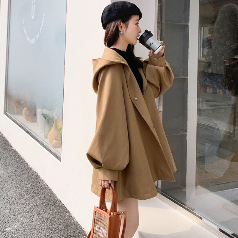 ウエストベルト付きビッグフードフレアミディコート