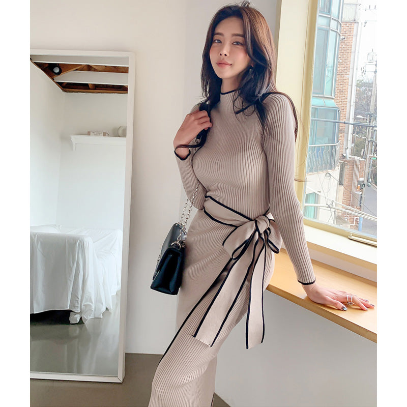 ウエストリボンハーフネックリブニットワンピース(2colors)