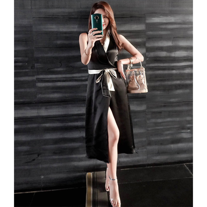 ウエストリボンバイカラーカシュクールサテンワンピース