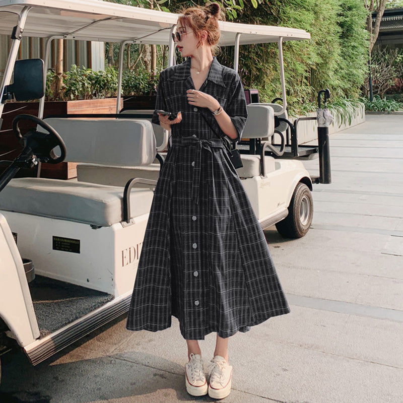 ウエストリボンチェックシャツワンピース(2colors)