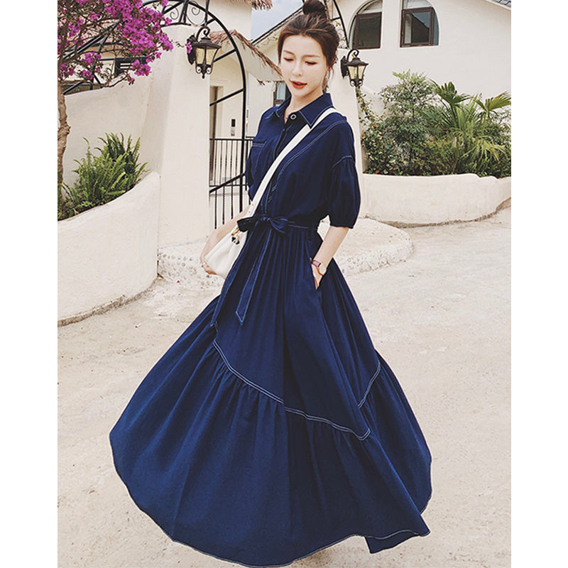 バルーンスリーブアシメティアードシャツワンピース