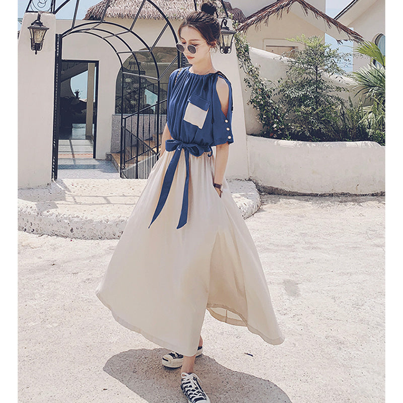 バイカラーウエストリボンギャザーロングワンピース(2colors)