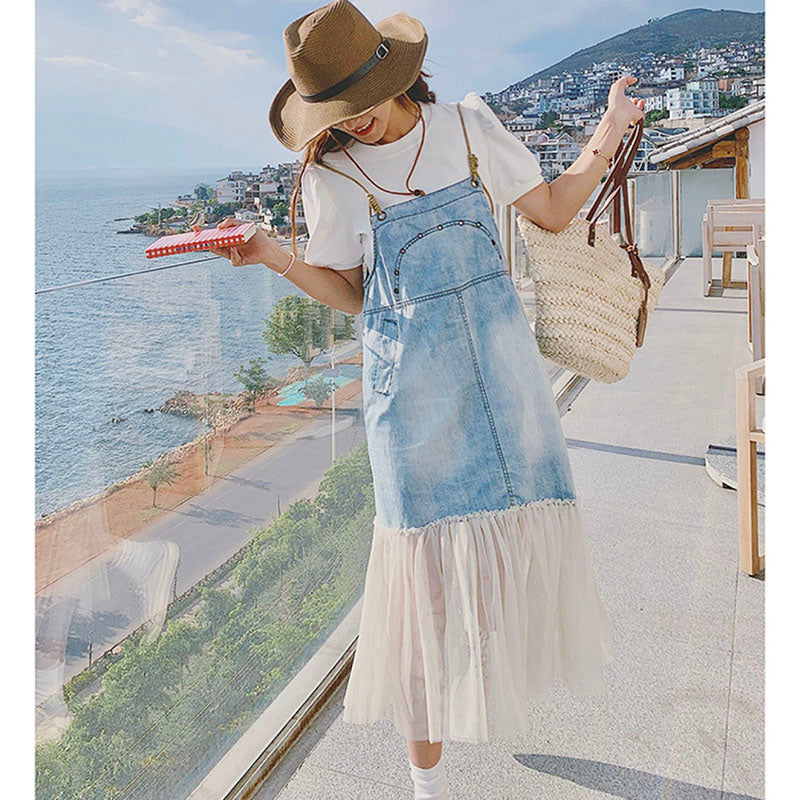 シアーフリルヘムデニムサロペットワンピース