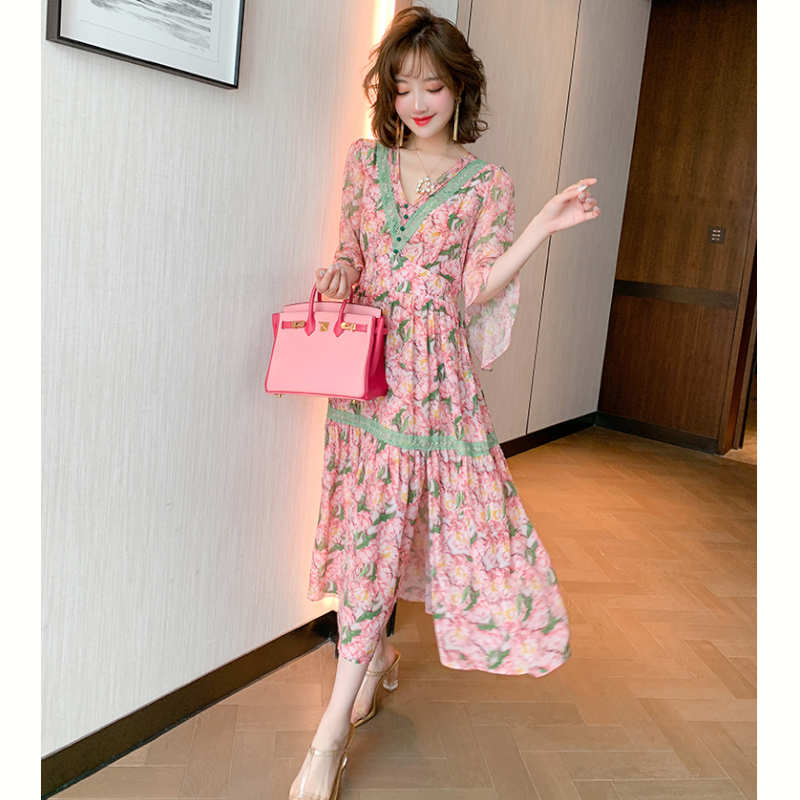 レースドッキングフレアスリーブ花柄ワンピース