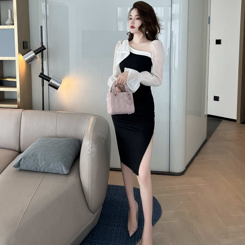 異素材スリーブコンシャスアシメスリットワンピース