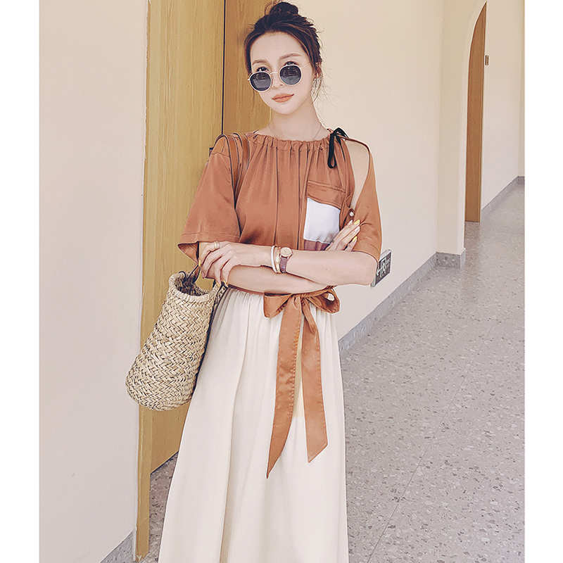 バイカラーウエストリボンギャザーロングワンピース(2colors)