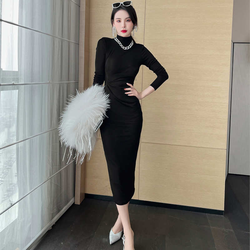 ハイネックウエストギャザーペンシルロングワンピース(3colors)