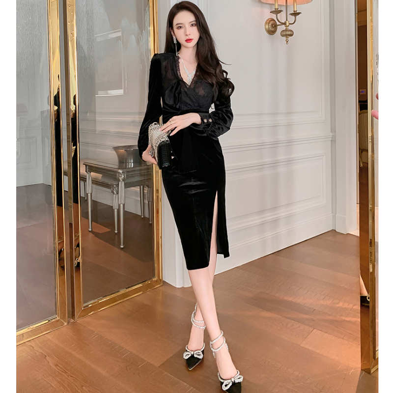 レースコンビネーションスリット入りベロアワンピース