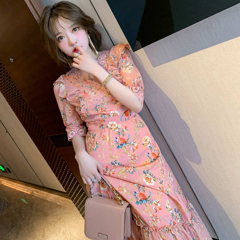 カットワークレースドッキングフリル花柄ワンピース
