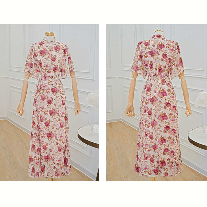 スタンドカラー花柄プリントアシメタックロングワンピース