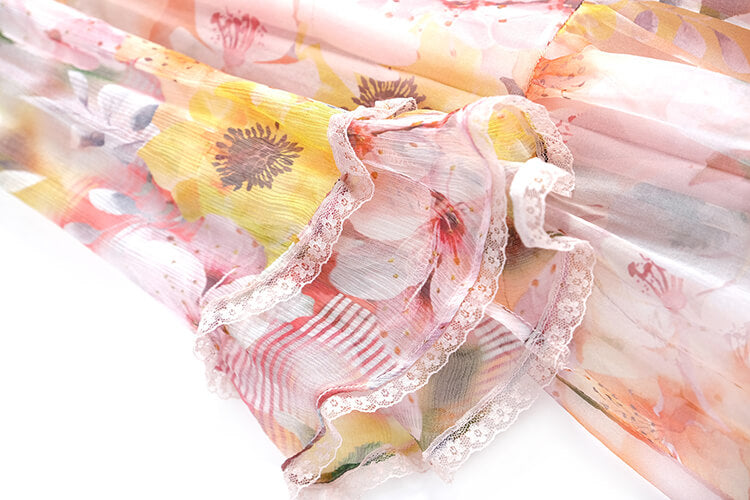 キャミワンピース×レースドッキング花柄シアーフレアワンピース