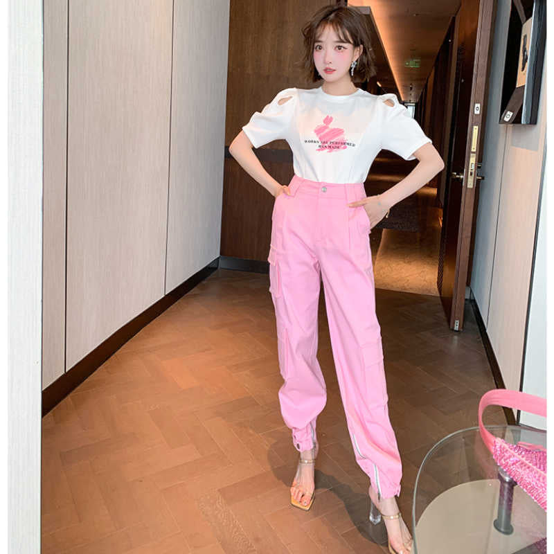 オープンショルダーパフスリーブTシャツ×シャーベットピンクカーゴパンツ【上下別売り可】