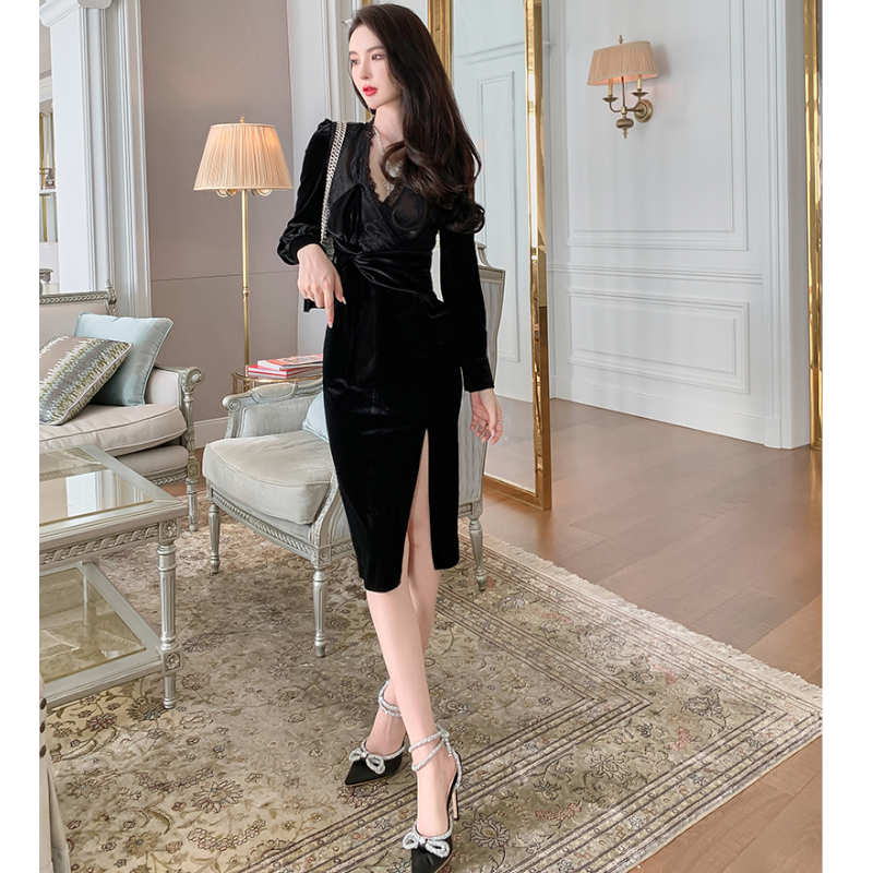 レースコンビネーションスリット入りベロアワンピース