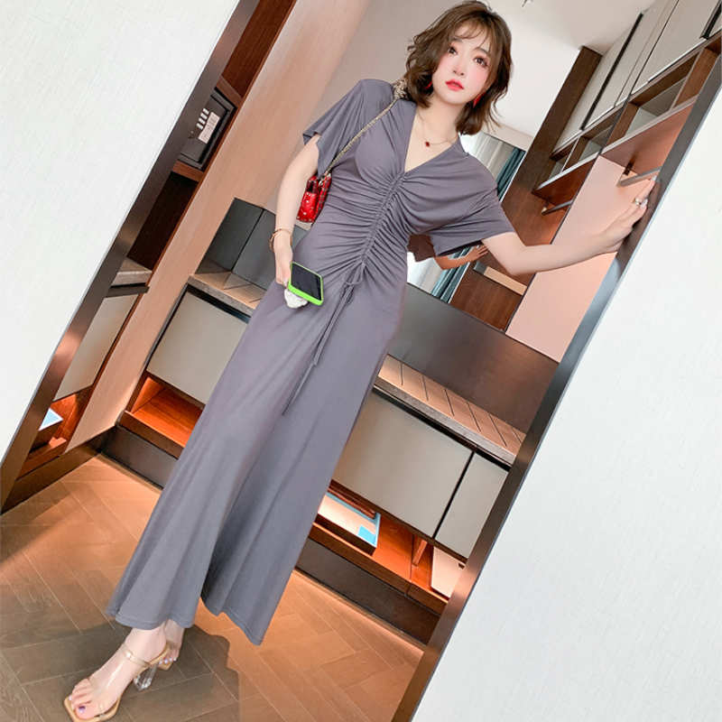 深Vネックドローストリングマキシワンピース