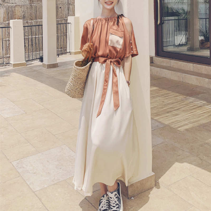 バイカラーウエストリボンギャザーロングワンピース(2colors)