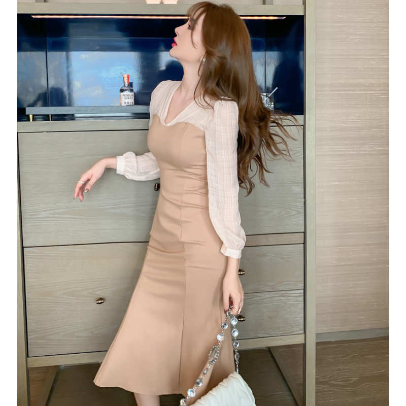 パフスリーブブラウスコンビマーメイドワンピース