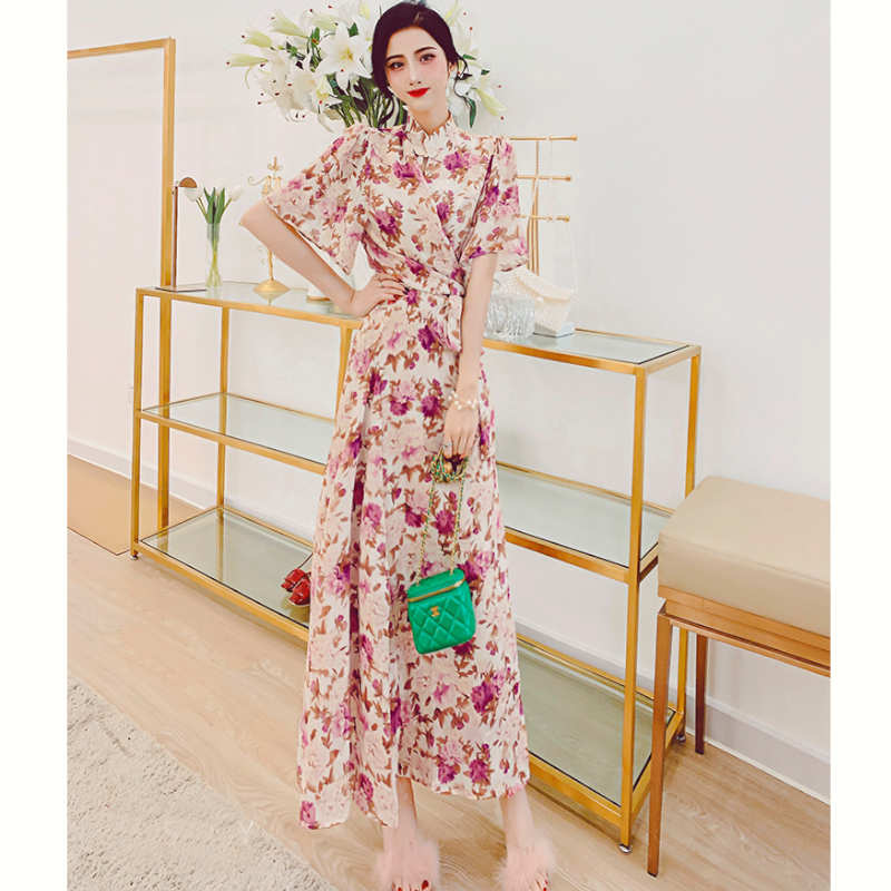 スタンドカラー花柄プリントアシメタックロングワンピース