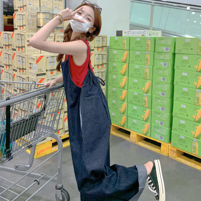 【即納】バックリボンデニムワイドサロペットパンツ