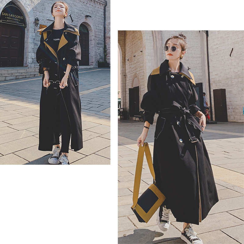 レイヤード風ステッチ入りロングトレンチコート