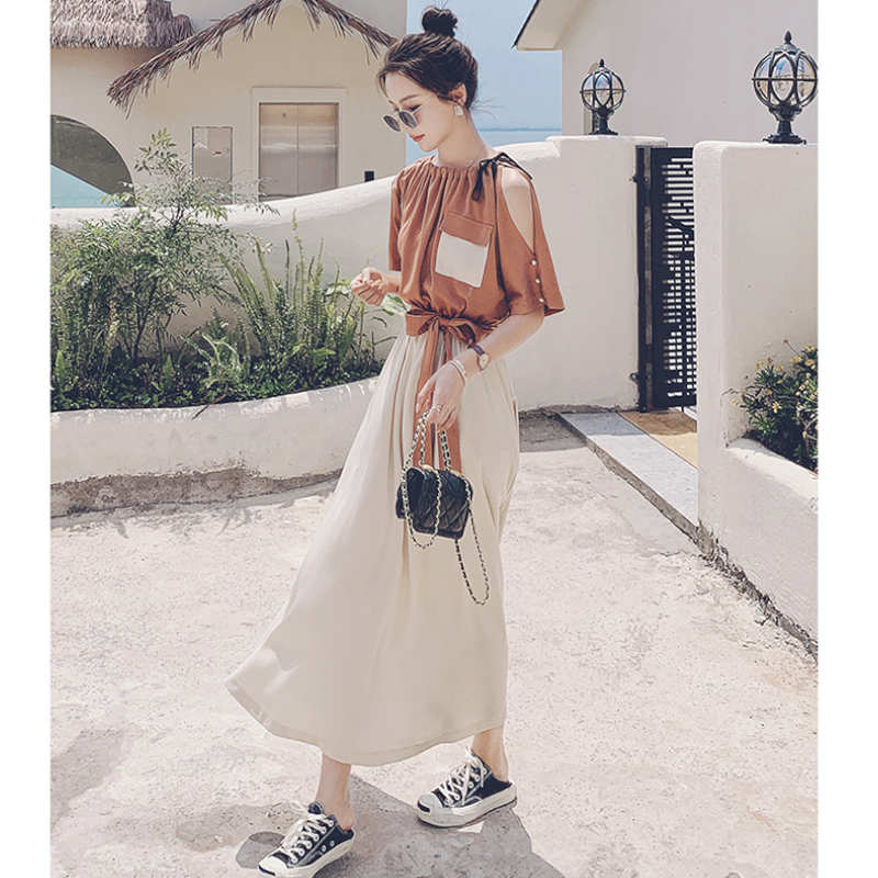 バイカラーウエストリボンギャザーロングワンピース(2colors)