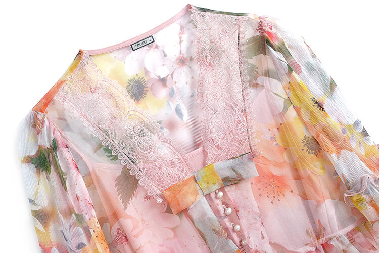 キャミワンピース×レースドッキング花柄シアーフレアワンピース