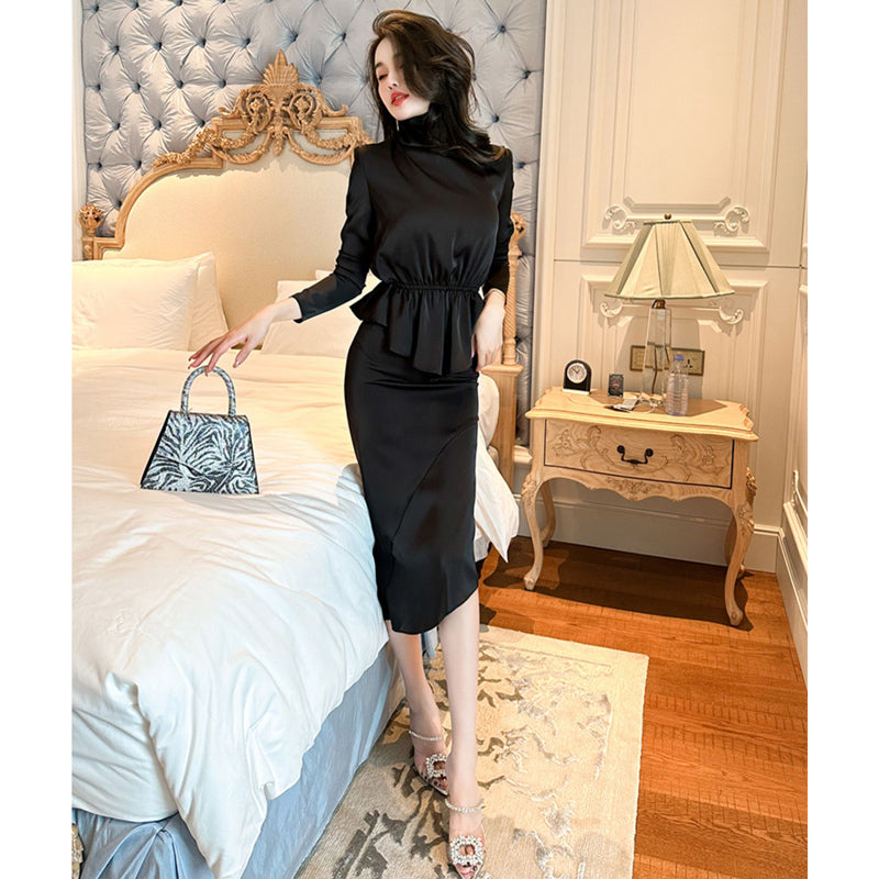 ハイネックペプラムトップ×アシンメトリースカート(2colors)