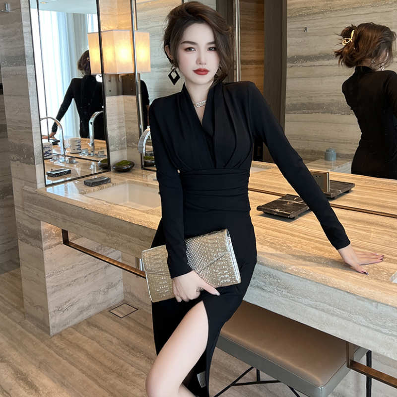 カシュクールフロントスリットペンシルワンピース