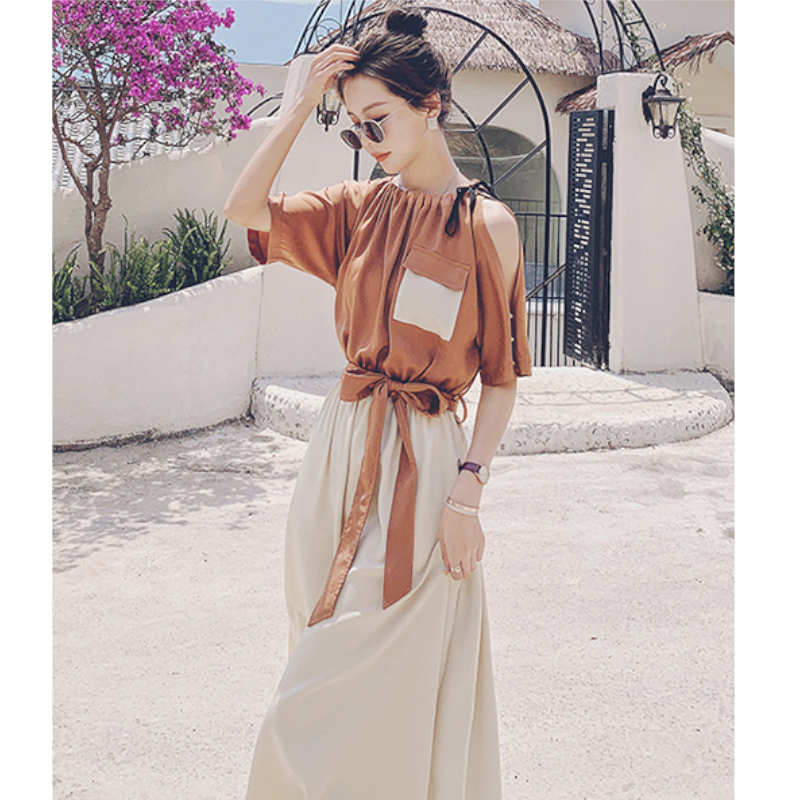 バイカラーウエストリボンギャザーロングワンピース(2colors)