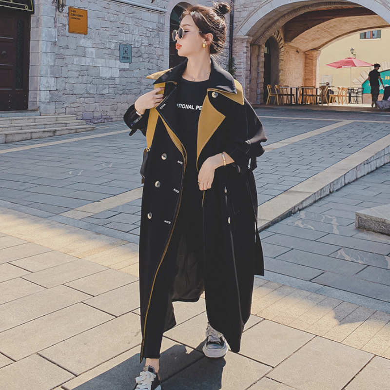 レイヤード風ステッチ入りロングトレンチコート