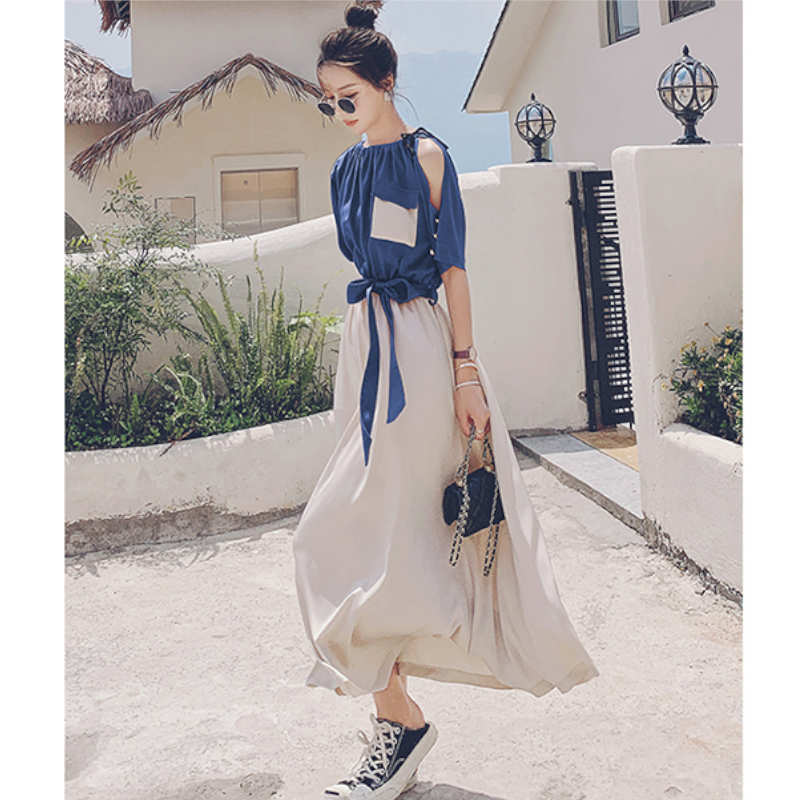 バイカラーウエストリボンギャザーロングワンピース(2colors)