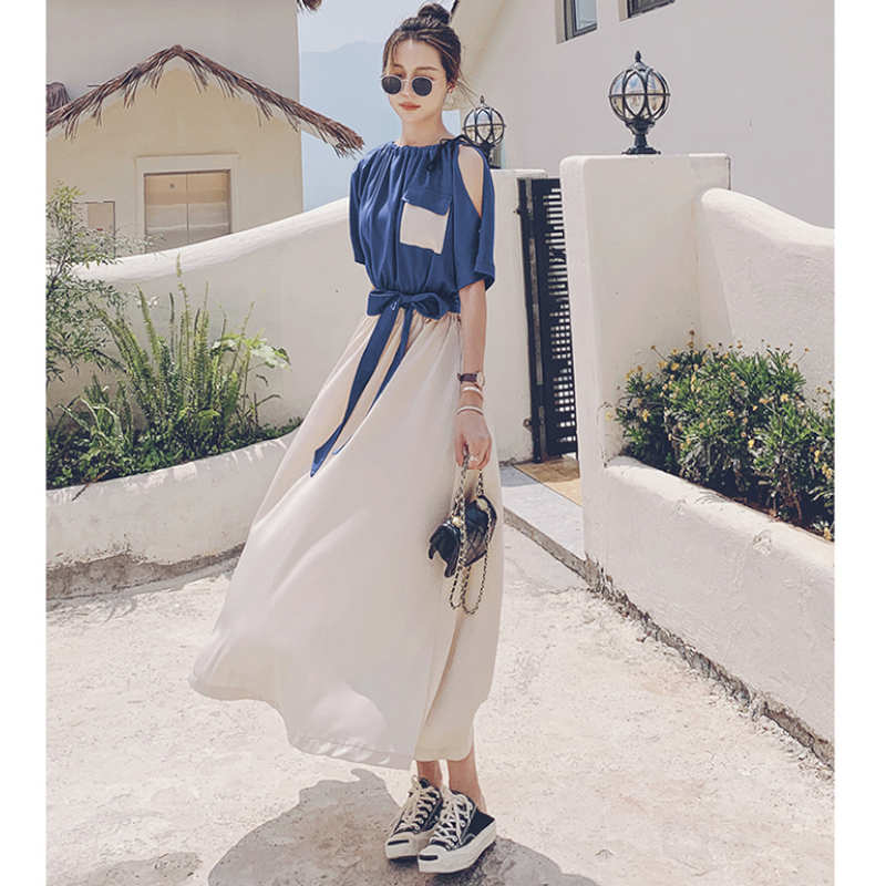 バイカラーウエストリボンギャザーロングワンピース(2colors)