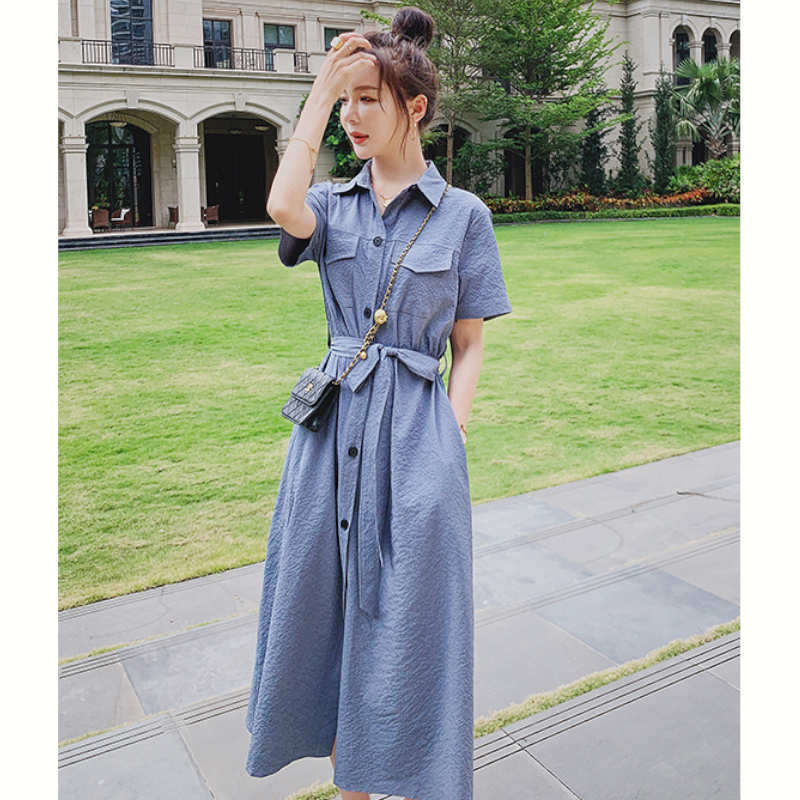 ウエストリボン付きシャツワンピース
