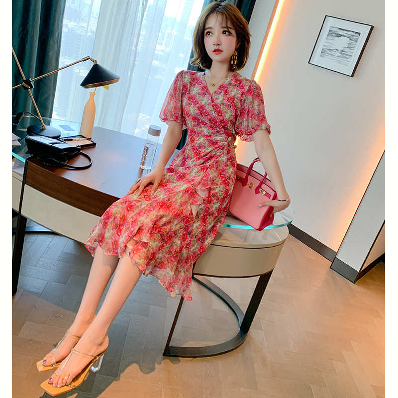 ランタンスリーブ花柄カシュクールマーメイドワンピース