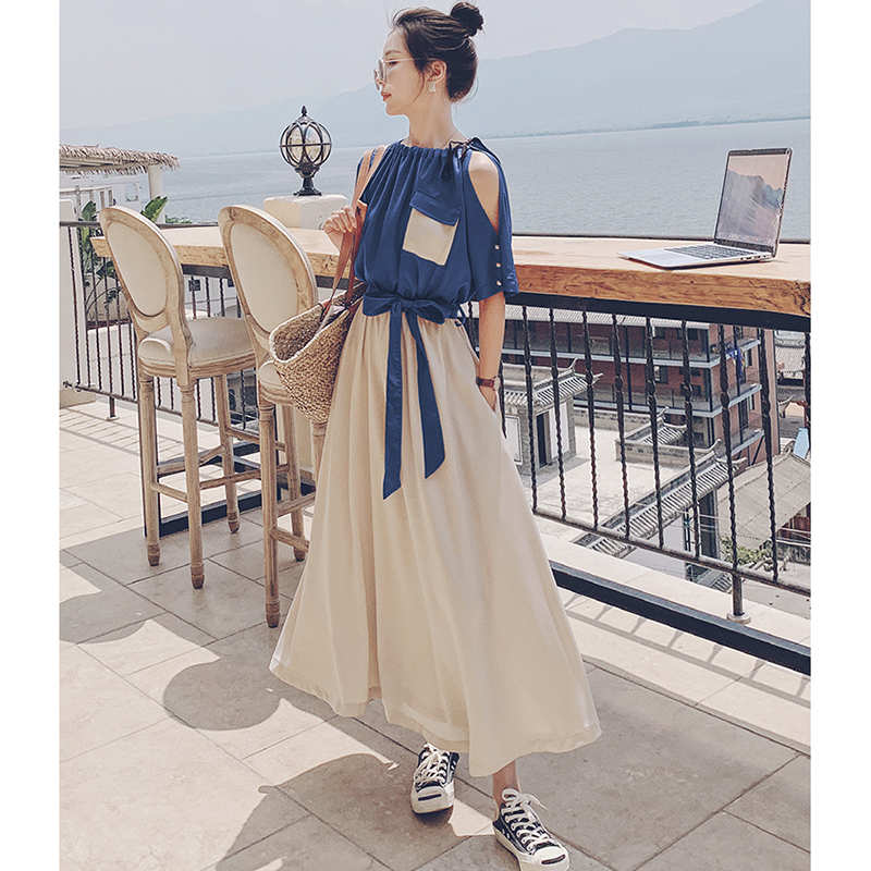 バイカラーウエストリボンギャザーロングワンピース(2colors)