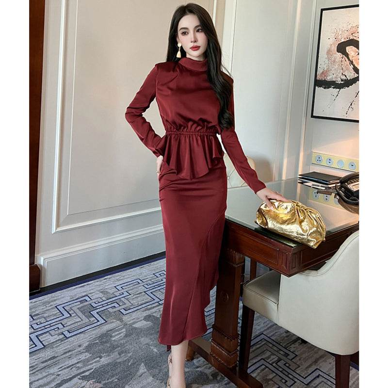 ハイネックペプラムトップ×アシンメトリースカート(2colors)