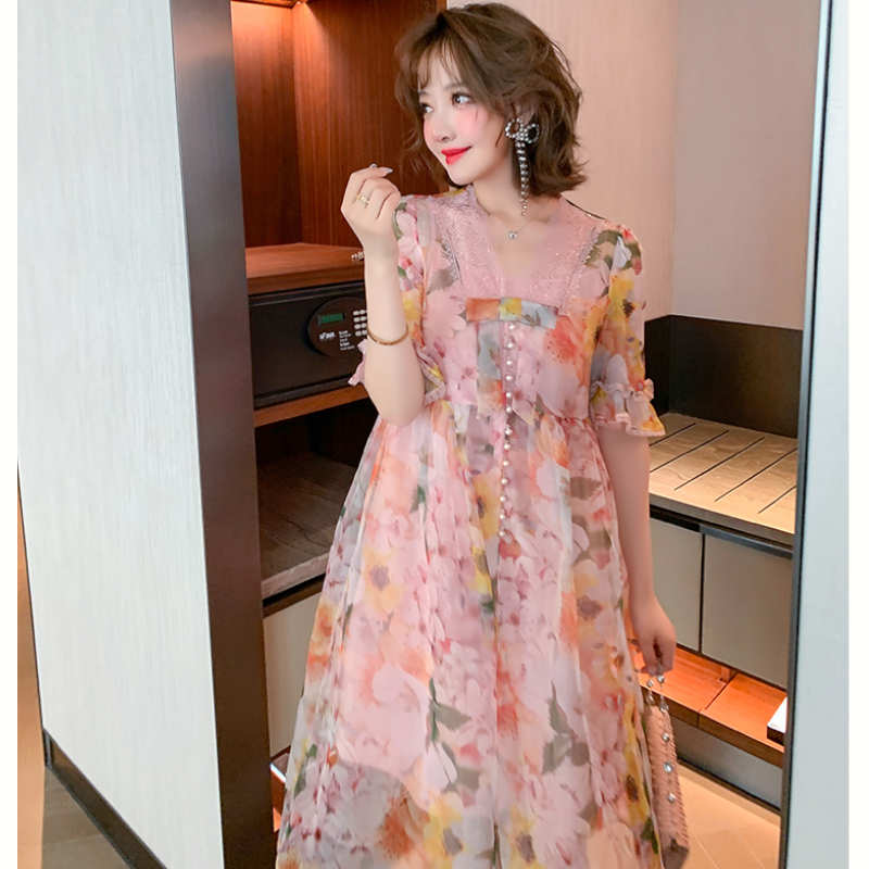 キャミワンピース×レースドッキング花柄シアーフレアワンピース