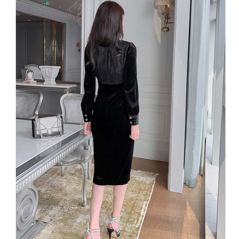 レースコンビネーションスリット入りベロアワンピース