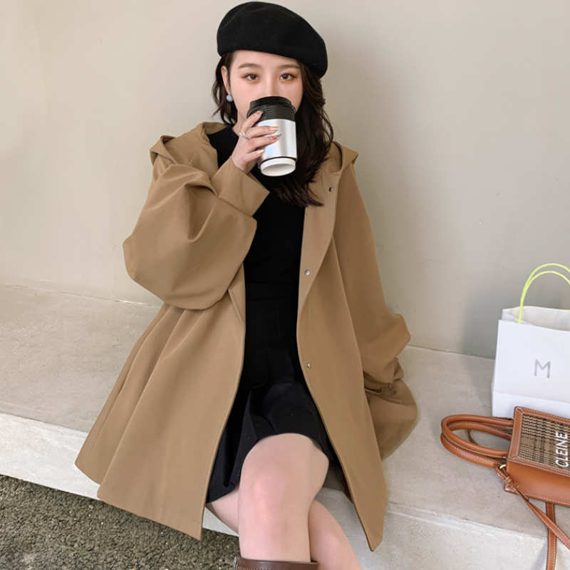 ウエストベルト付きビッグフードフレアミディコート