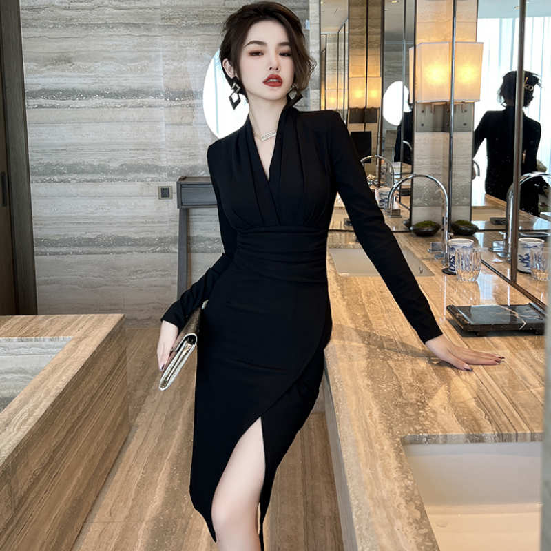 ラップ風ペンシルブラックカラーワンピース