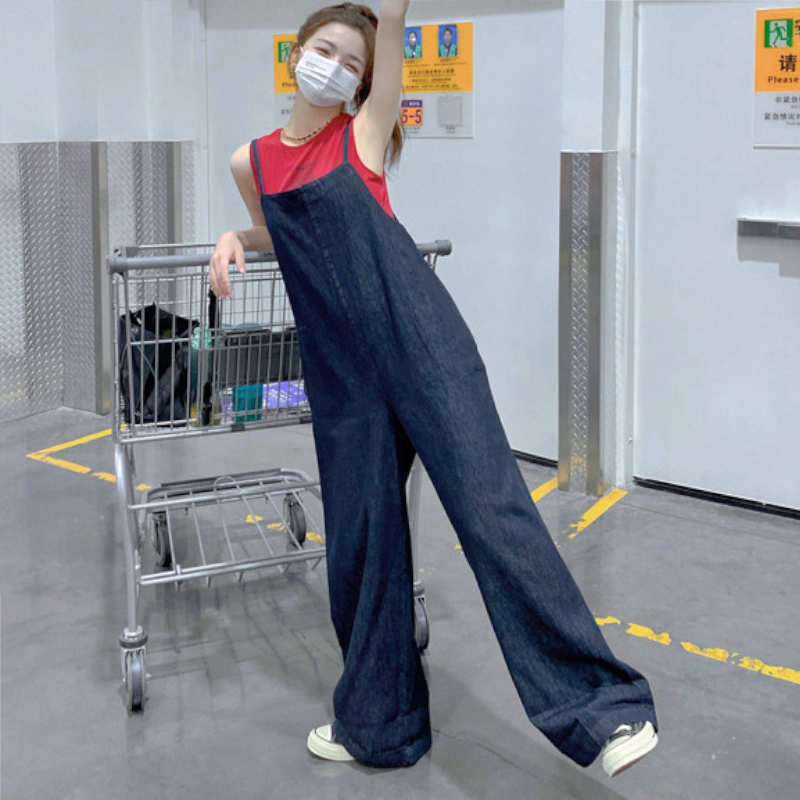 【即納】バックリボンデニムワイドサロペットパンツ