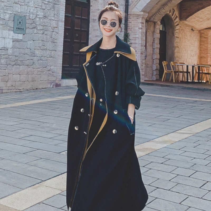 レイヤード風ステッチ入りロングトレンチコート