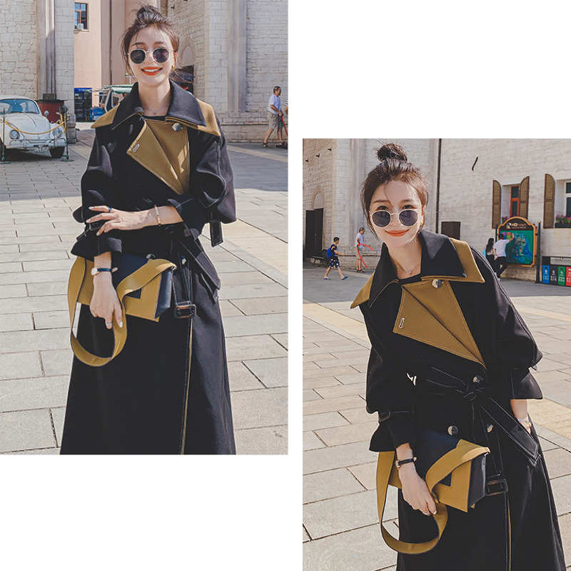 レイヤード風ステッチ入りロングトレンチコート